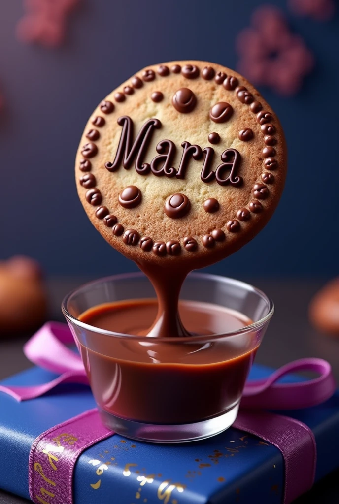 A thin round cookie on top has a layer of chocolate with raised circle drawings. The cookie has some letters made with chocolate that say Maria. The cookie is falling into a glass filled with chocolate. The cookie is on top of a package., The packaging is royal blue with purple and has gold letters that say Delicias Maria