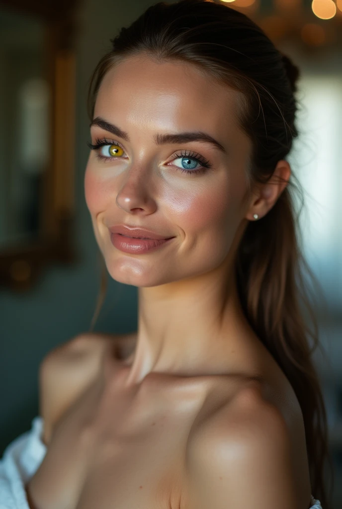 The beautiful 1 French fashion model has heterochromatic eyes.、The right eye is yellow and the left eye is blue.、In a ponytail, With seductive eyes, With a seductive smile, Indoors、French setting