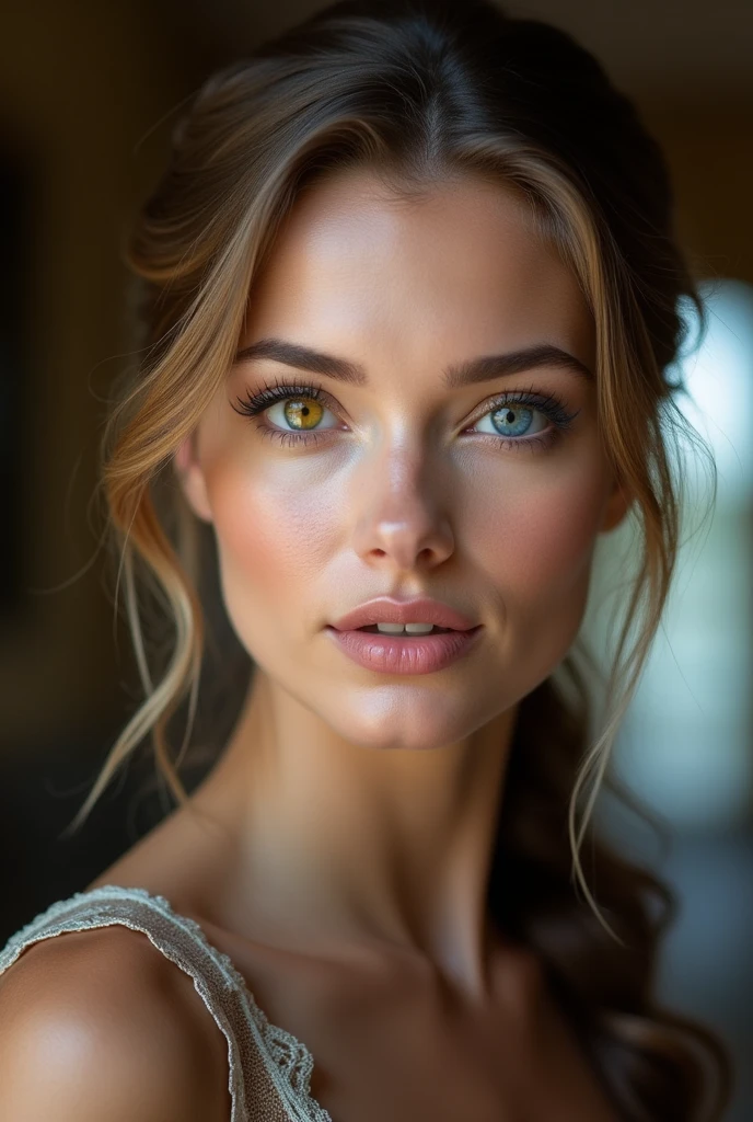 The beautiful 1 French fashion model has heterochromatic eyes.、The right eye is yellow and the left eye is blue.、In a ponytail, With seductive eyes, With a seductive smile, Indoors、French setting