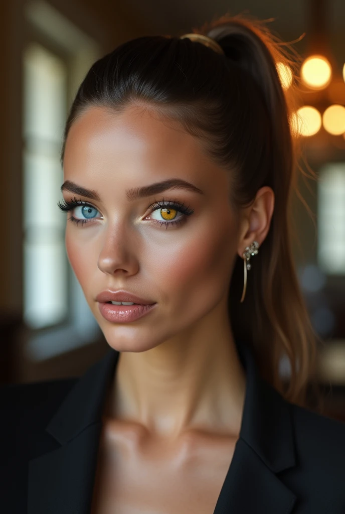 The beautiful 1 French fashion model has heterochromatic eyes.、The right eye is yellow and the left eye is blue.、In a ponytail, With seductive eyes, With a seductive smile, Indoors、French setting