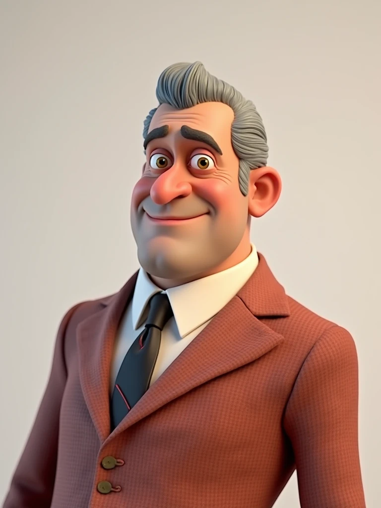 Create a Disney Pixar-style, 3D character of a 6 man, brown eyes, short gray hair, with a normal mouth, a big, airy nose, thick eyeshadows, wearing dress clothes