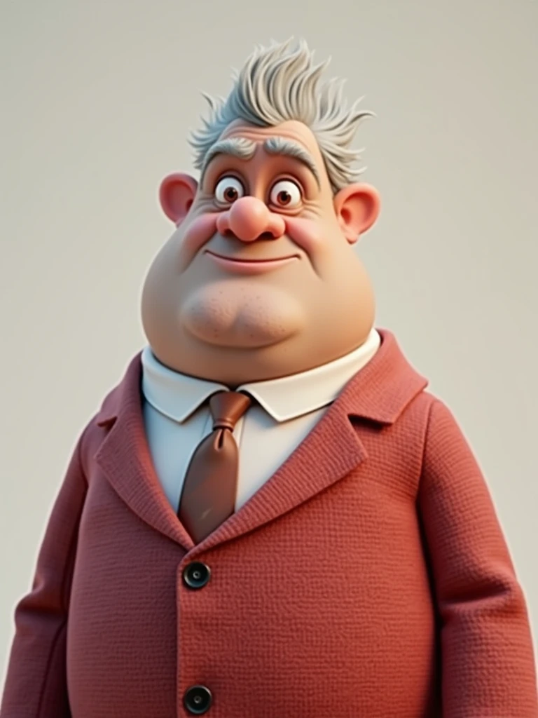 Create a Disney Pixar-style, 3D character of a 6 man, brown eyes, short gray hair, with a normal mouth, a big, airy nose, thick eyeshadows, wearing dress clothes