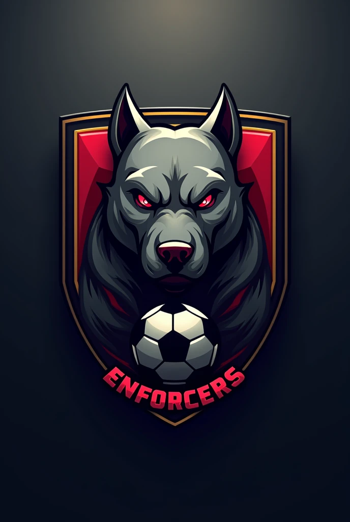 Create a gray pitbull logo&#39;S; com olhoS vermelhoS, face for a football team. Faça dele um eScudo em formado quadrado com detalheS preto e dourado com detalheS vermelho e uma bola de futebol preta e branca . Coloque uma fonte pequena eScrito ENVOLVENTES em baixo, empty background, Sombrio. . TranSforme-o em pgn