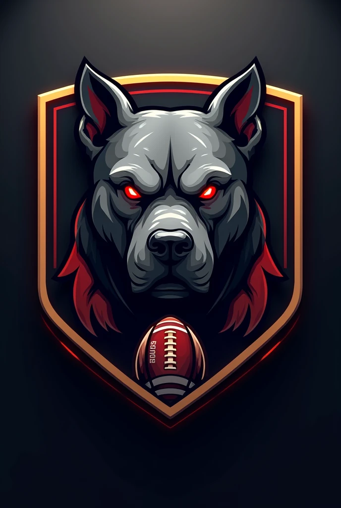Create a gray pitbull logo'S; com olhoS vermelhoS, face for a football team. Faça dele um eScudo em formado quadrado com detalheS preto e dourado com detalheS vermelho e uma bola de futebol preta e branca . Coloque uma fonte pequena eScrito ENVOLVENTES em baixo, empty background, Sombrio. . TranSforme-o em pgn