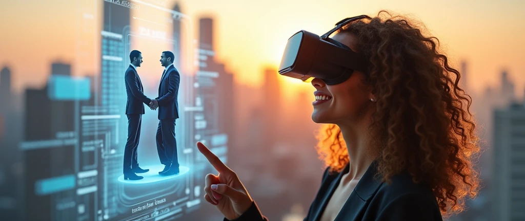 Create an image of a woman with curly hair holding a VR headset close to her face, displaying a futuristic cityscape scene through the lenses. The woman has a warm smile and is dressed in a modern, stylish outfit. Through the VR headset, two people are seen shaking hands, both wearing professional attire, standing against the backdrop of a city skyline. The scene includes holographic elements and digital interfaces, giving the impression of an advanced, high-tech environment. The woman’s expression shows satisfaction and confidence, while a holographic display appears in front of her chest, adding to the futuristic feel of the image. The atmosphere is warm, with a soft light illuminating the scene, suggesting a setting during sunset