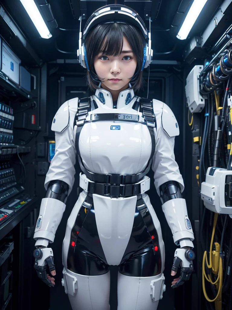 masterpiece, Highest quality, Very detailed,Portraiture, Japanese Android girl,Plump,Slightly thicker,Control panel,robot arms,robot,Android,cyborg,white robot body,Blunt bangs,robot repair plant,The spaceship's cockpit,Harness Belt,headset,Helmet
