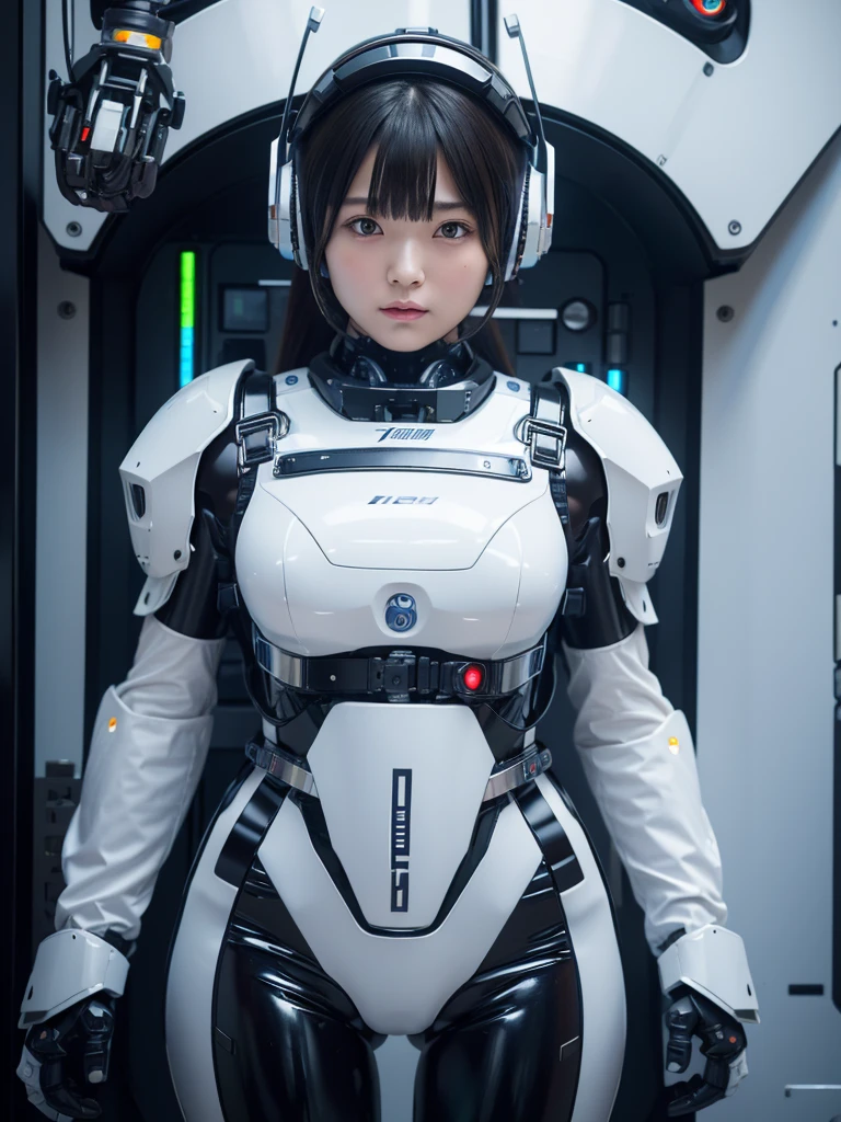 masterpiece, Highest quality, Very detailed,Portraiture, Japanese Android girl,Plump,Slightly thicker,Control panel,robot arms,robot,Android,cyborg,white robot body,Blunt bangs,robot repair plant,The spaceship's cockpit,Harness Belt,headset,Helmet