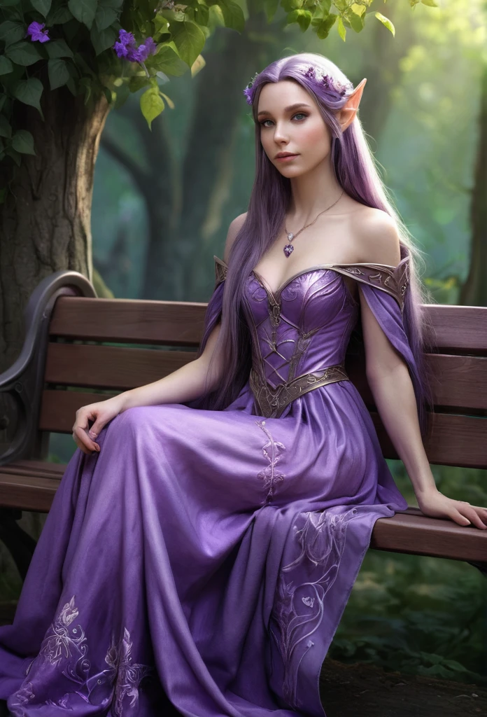 a woman with long hair and a purple dress sitting on a bench, a character portrait inspired by Magali Villeneuve, trending on cg society, fantasy art, beautiful elven princess, beautiful and elegant elf queen, fantasy art style, beautiful fantasy maiden, beautiful elf with violet skin, beautiful and elegant female elf, beautiful fantasy art, elven princess, elf princess