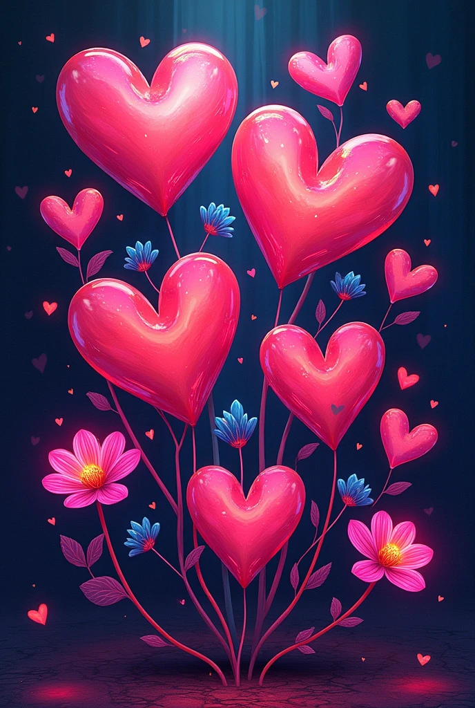 Various hearts with neon flowers