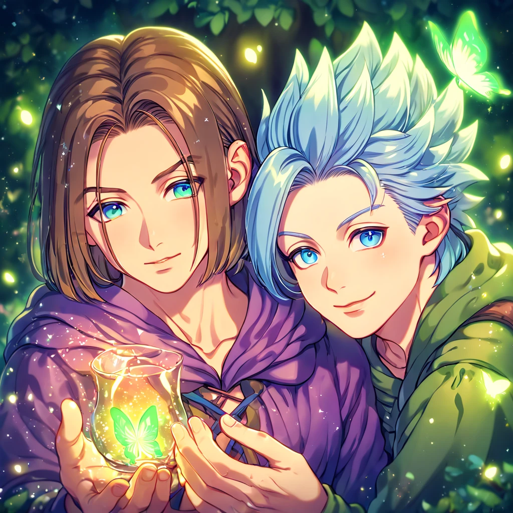 absurdres, highres, ultra detailed, HDR, master piece, best quality, extremely detailed face, detailed eyes, Erik, light-blue hair, expressive blue eyes, hair spiked up, Dragon Quest XI, Luminary, brown hair, expressive blue eyes, two sexy adult men together, gay couple, yaoi, handsome, green tunic, purple coat, under a green tree, fantasy, magical, glittering fireflies, green butterflies, green flames, glass magic, green leaves