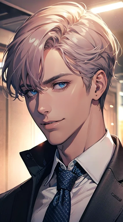 (Highest quality,4K,8K,High resolution,masterpiece:1.2),Super detailed,(Realistic,photoRealistic,photo-Realistic:1.37),1 personld,Mature Men,Beautiful skin、very handsome,Expressionless,smile,Short gray pink hair,blue eyes,Sharp Eyes,A perfect face without a doubt,Businessman,Office Background,Cinema Lighting,HDR image,tie、