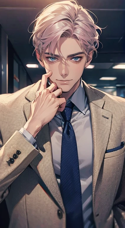 (Highest quality,4K,8K,High resolution,masterpiece:1.2),Super detailed,(Realistic,photoRealistic,photo-Realistic:1.37),1 personld,Mature Men,Beautiful skin、very handsome,Expressionless,smile,Short gray pink hair,blue eyes,Sharp Eyes,A perfect face without a doubt,Businessman,Office Background,Cinema Lighting,HDR image,tie、