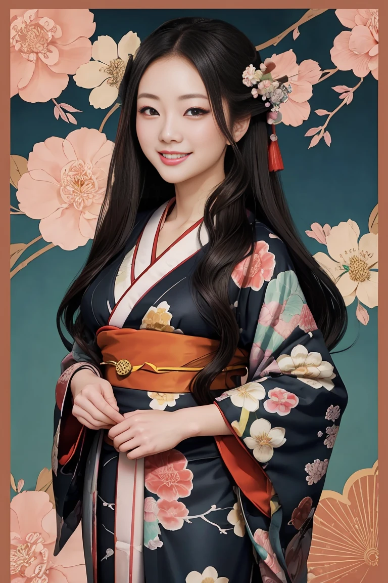 (SeaArt creates stunning illustrations of beautiful women in kimono)、Vividly colored Japanese Ukiyo-e style illustrations、A beautiful woman smiles and shows her upper white teeth、Brown-black long hair、Beautiful full body style、Let's dance a little Tokyo Ondo Yoiyoi、Beautiful new digital paintings,、Bright vibrant digital anime art、 Beautiful anime portraits、background、Torii gate of the Japan shrine、 Detailed digital anime art、