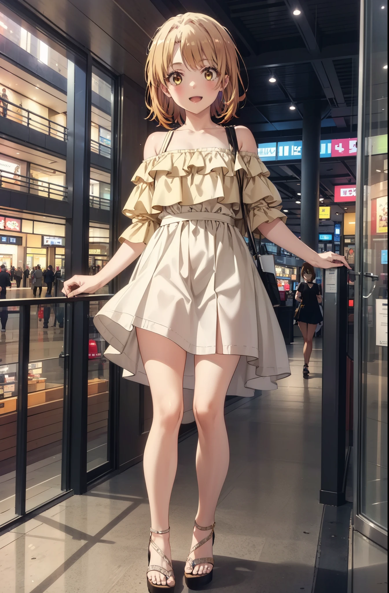 Irohaisshiki, isshiki iroha, short hair, Brown Hair, (Brown eyes:1.5), smile,Open your mouth,smile,Off-the-shoulder yellow dress,mini skirt,Cute heeled sandals,Walking,whole bodyがイラストに入るように,
break indoors,Shopping mall,
break looking at viewer,whole body,
break (masterpiece:1.2), Highest quality, High resolution, unity 8k wallpaper, (figure:0.8), (Beautiful attention to detail:1.6), Highly detailed face, Perfect lighting, Highly detailed CG, (Perfect hands, Perfect Anatomy),