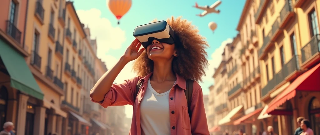 Create an image of a woman with curly hair holding a VR headset close to her face, displaying a scene of traveling abroad. The VR lenses show her in a famous tourist destination, like a European city square, interacting with locals or admiring landmarks. The woman is dressed in comfortable, travel-friendly clothing, looking relaxed and joyful. The background includes elements that reflect the beauty and excitement of travel, with bright, sunny weather, historic buildings, and a vibrant atmosphere. Hot air balloons and an airplane can be seen in the sky, enhancing the feeling of exploration and adventure