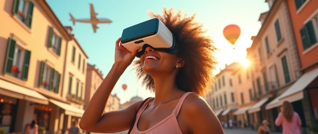 Create an image of a woman with curly hair holding a VR headset close to her face, displaying a scene of traveling abroad. The VR lenses show her in a famous tourist destination, like a European city square, interacting with locals or admiring landmarks. The woman is dressed in comfortable, travel-friendly clothing, looking relaxed and joyful. The background includes elements that reflect the beauty and excitement of travel, with bright, sunny weather, historic buildings, and a vibrant atmosphere. Hot air balloons and an airplane can be seen in the sky, enhancing the feeling of exploration and adventure