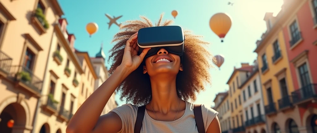 Create an image of a woman with curly hair holding a VR headset close to her face, displaying a scene of traveling abroad. The VR lenses show her in a famous tourist destination, like a European city square, interacting with locals or admiring landmarks. The woman is dressed in comfortable, travel-friendly clothing, looking relaxed and joyful. The background includes elements that reflect the beauty and excitement of travel, with bright, sunny weather, historic buildings, and a vibrant atmosphere. Hot air balloons and an airplane can be seen in the sky, enhancing the feeling of exploration and adventure