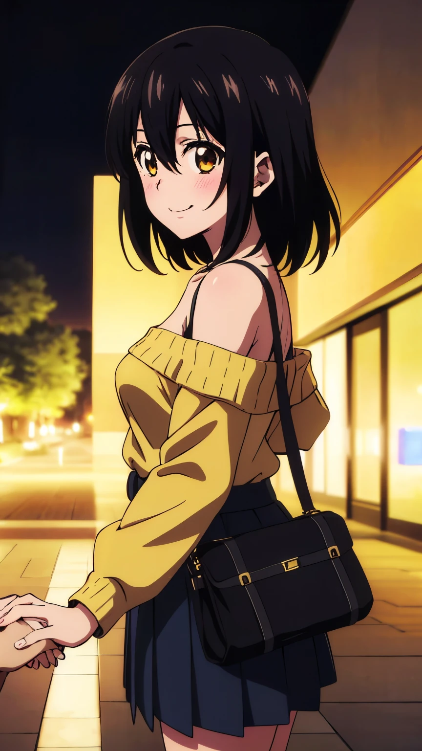 (highest quality, 8k, High resolution, masterpiece:1.2), Anime art style, Hyper Detail, himeragi yukina, Brown eye, Black Hair, Hair between the eyes, Medium Hair, 1 girl, Perfect Face, eye_Light_big,Small medium breast, Soft impression, alone, (long sleeve off-shoulder light yellow sweater, black halterneck camisole, (hand bag, shoulder strap), black pleated mini skirt, Night, park, illuminations, smiling, mouth open, blushing, holding hands, pov hands, from side), Cowboy Shot, looking at viewer,