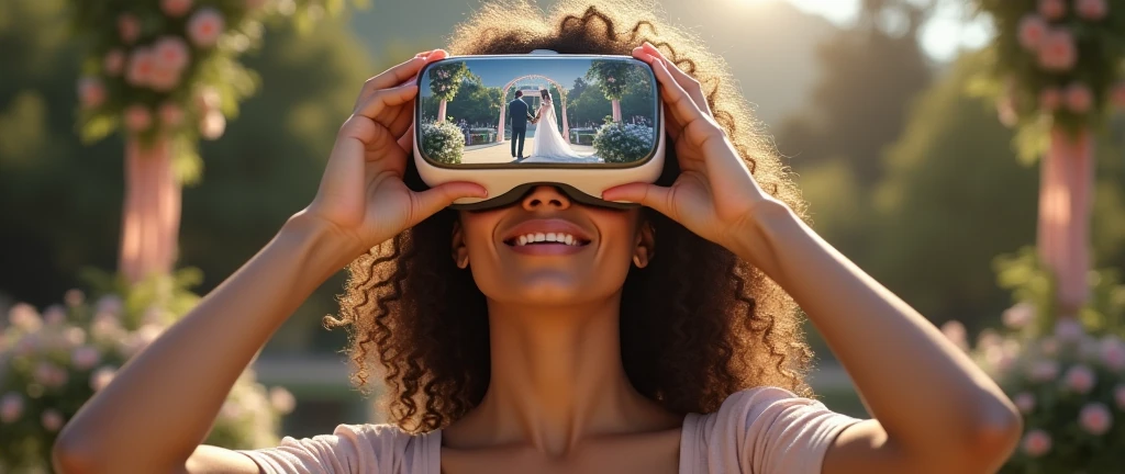 Create an image of a woman with curly hair holding a VR headset close to her face, displaying a scene of a wedding ceremony. The VR lenses show her attending a beautiful outdoor wedding, with the bride and groom standing at the altar, surrounded by flowers and loved ones. The woman is dressed in elegant yet comfortable attire suitable for a wedding, looking joyful and emotionally touched. The background includes elements that reflect the romance and significance of the occasion, with soft lighting, a beautifully decorated venue, and a serene atmosphere. The overall scene conveys the warmth and celebration of love on a special day.