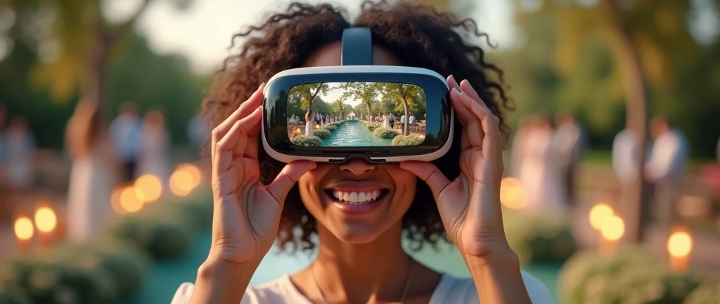 Create an image of a woman with curly hair holding a VR headset close to her face, displaying a scene of a wedding ceremony. The VR lenses show her attending a beautiful outdoor wedding, with the bride and groom standing at the altar, surrounded by flowers and loved ones. The woman is dressed in elegant yet comfortable attire suitable for a wedding, looking joyful and emotionally touched. The background includes elements that reflect the romance and significance of the occasion, with soft lighting, a beautifully decorated venue, and a serene atmosphere. The overall scene conveys the warmth and celebration of love on a special day.