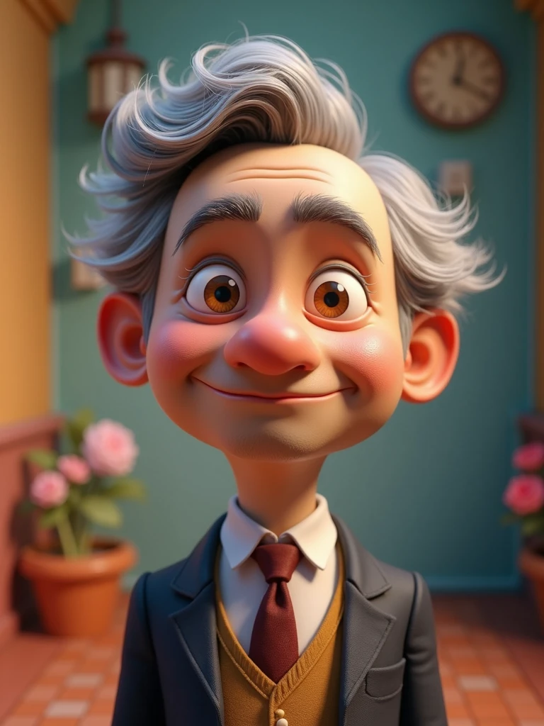 Create a Disney Pixar-style, 3D character of a 6 man, brown eyes, short gray hair, with a normal mouth, a big, airy nose, thick eyeshadows, wearing dress clothes
