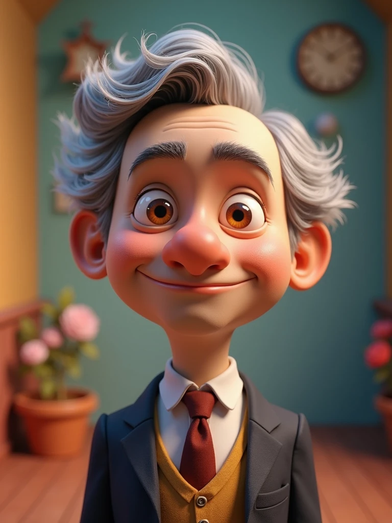 Create a Disney Pixar-style, 3D character of a 6 man, brown eyes, short gray hair, with a normal mouth, a big, airy nose, thick eyeshadows, wearing dress clothes