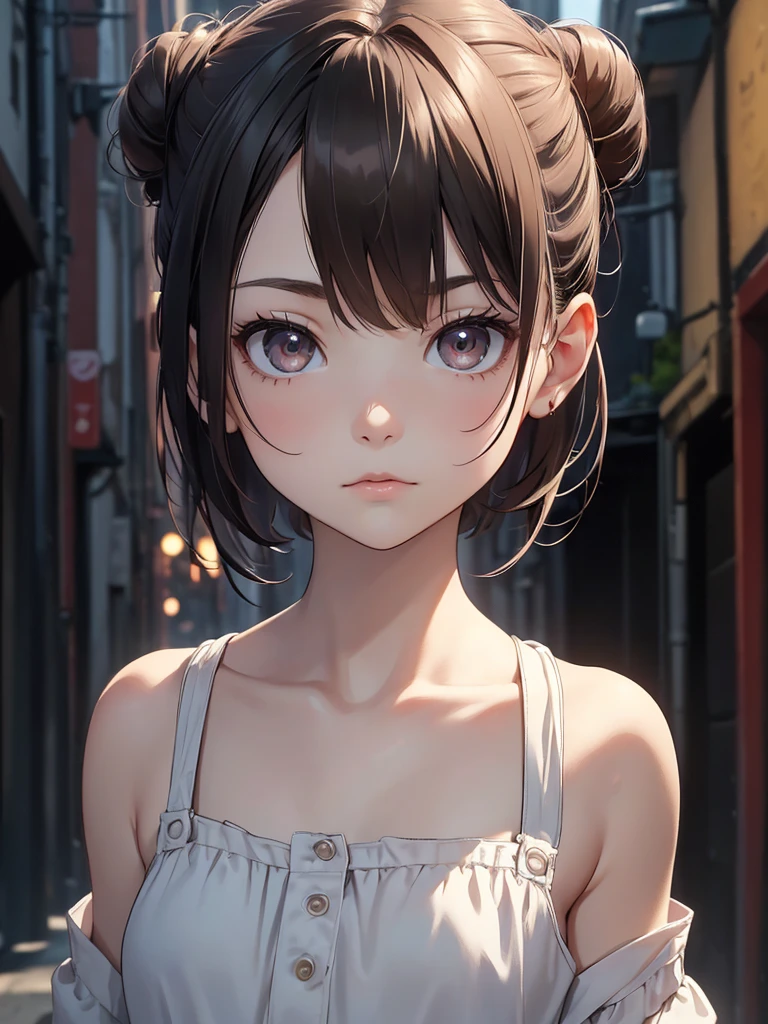 (8K, Best Quality, Masterpiece, Ultra High Resolution) Single Person, 1 Girl, Young, Small Child, Cute Eyes, Face Details, Pale Skin, Slender, Short, Flat Chest, Black Hair, Hair Buns, Brown Eyes, Dark Alleyway, Best Quality, Upper Body, Looking at the Viewer, Facing Viewer, Close Up