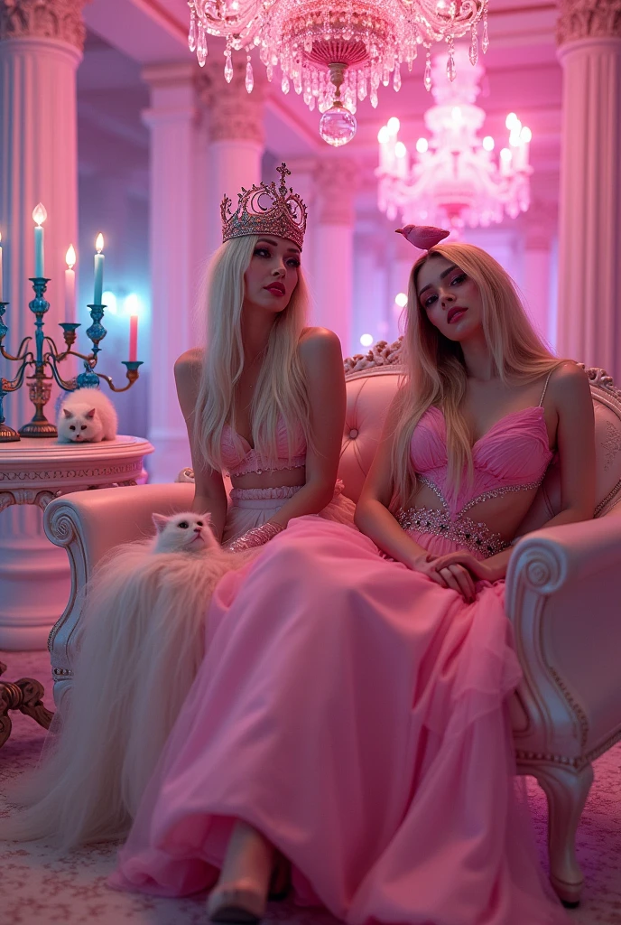 "A full-body shot of a post-party scene in a palace bathed in neon pink lighting. A drunken queens with a careless expression, wearing a layered pink and white dress (predominantly pink), leans standing nonchalantly against an all-pink throne. Her rose-gold crown, adorned with pink crystals, is tilted slightly to the left on her head 1:1. A white cat lounges on an extra-small pink sofa 1:1, while a pink bird perches atop the throne. The scene includes a messy gothic princess striking a pose, her long light blonde hair flowing over her shoulders, with a smudged red lipstick on her cheek and black mascara tears streaming down her face. She is dressed in a white lace silk gothic dress with many layers, embodying a beautiful yet disheveled ice queen.

The environment exudes a chaotic medieval fantasy vibe, with a white intricate throne and a pink crystal chandelier hanging from the ceiling. Blue crystal and gold gothic medieval five armed candlesticks sit on a white table, surrounded by crystal wine glasses—one tipped over and ther half-full of wine. The entire setup is chaotic yet regal, capturing the essence of a wild and messy night in a fantastical gothic setting, illuminated by dynamic pink lighting and framed with the grandeur of medieval gothic style."

