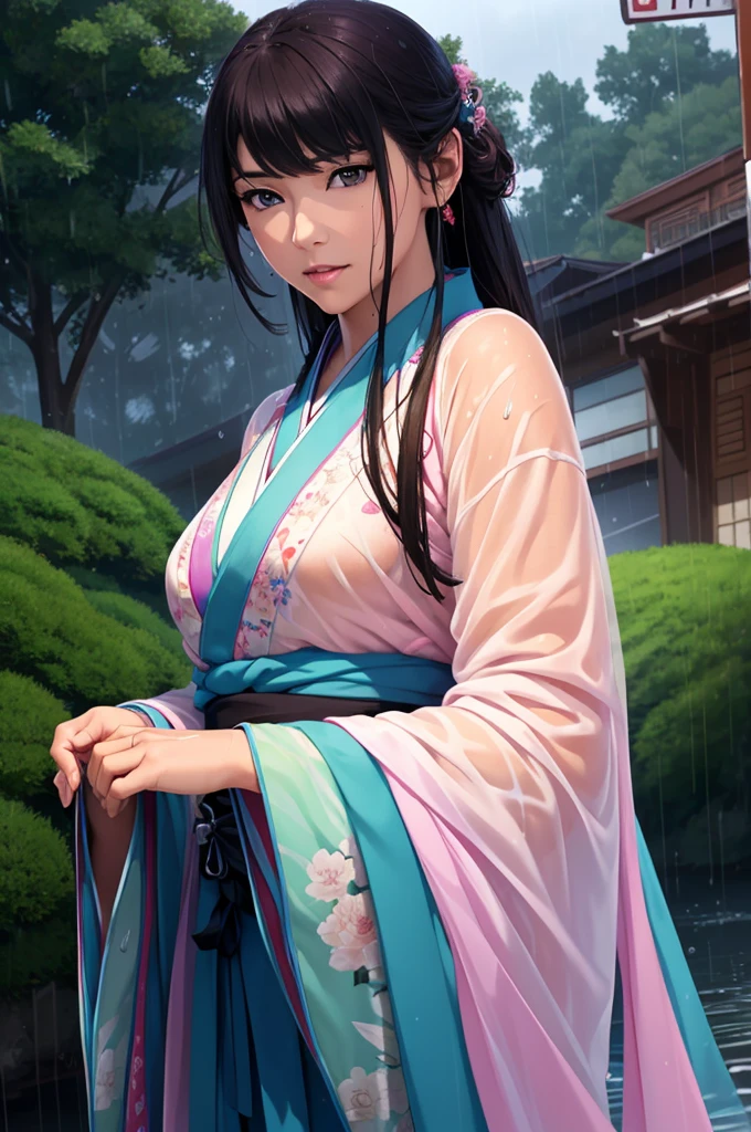 Heavy rain background、Field、in the forest、Walking in the river、On the run、In the fog、war (Highest quality,4K,8k,High resolution,masterpiece:1.2), Very detailed, (Realistic,Realistic,Realistic:1.37), High resolution, Hyper HD, Studio Lighting, Ultra-fine painting, Sharp focus, Physically Based Rendering, Very detailed説明, Professional, Vibrant colors, Bokeh, Sports Late Night, Ancient War Landscapes, Traditional Chinese Painting Techniques, Atmospheric lighting, Vivid color contrast, Ethereal atmosphere,Very detailed目と顔, Beautiful attention to detail, Light on the face,豪華なHanfu (Hanfu: 1.1),My whole body is wet、My clothes are wet and transparent、Nipples are visible、The nipples are pale pink、Rain clouds spreading across the sky、Heavy rain weather、Pouring rain、Wind and rain storm、((Soaked skin from head to toe))、((Rain-soaked clothes(Rain dripping from clothes))、((The lines of your body are clearly visible through your wet clothes...))、、Dark Eyes、black eye、Slim figure、Small breasts