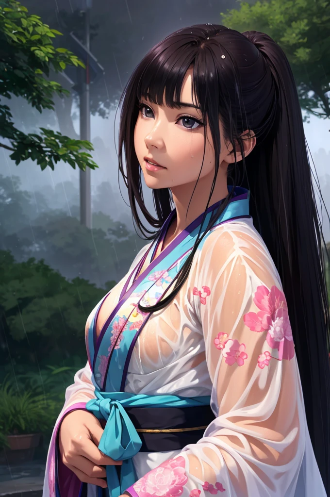 Heavy rain background、Field、in the forest、Walking in the river、On the run、In the fog、war (Highest quality,4K,8k,High resolution,masterpiece:1.2), Very detailed, (Realistic,Realistic,Realistic:1.37), High resolution, Hyper HD, Studio Lighting, Ultra-fine painting, Sharp focus, Physically Based Rendering, Very detailed説明, Professional, Vibrant colors, Bokeh, Sports Late Night, Ancient War Landscapes, Traditional Chinese Painting Techniques, Atmospheric lighting, Vivid color contrast, Ethereal atmosphere,Very detailed目と顔, Beautiful attention to detail, Light on the face,豪華なHanfu (Hanfu: 1.1),My whole body is wet、My clothes are wet and transparent、Nipples are visible、The nipples are pale pink、Rain clouds spreading across the sky、Heavy rain weather、Pouring rain、Wind and rain storm、((Soaked skin from head to toe))、((Rain-soaked clothes(Rain dripping from clothes))、((The lines of your body are clearly visible through your wet clothes...))、、Dark Eyes、black eye、Slim figure、Small breasts
