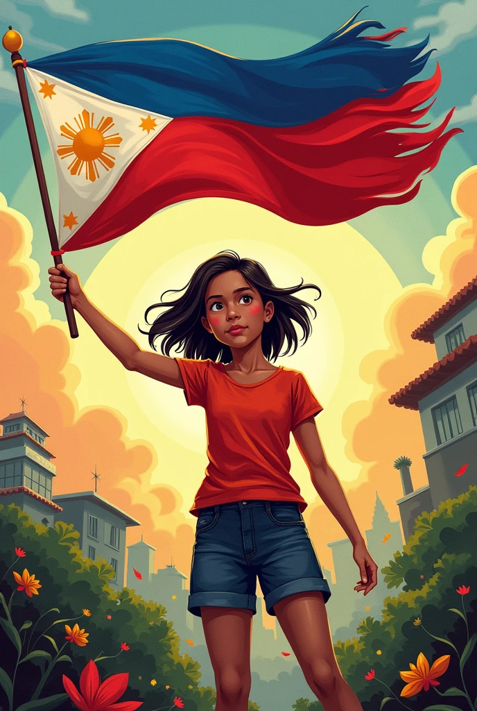Create a POSTER WITH THE THEME "Filipino, Wikang Mapagpalaya". The poster emphasizes the importance of the Filipino language as a tool for liberation and empowerment. It suggests that by embracing and using the Filipino language, Filipinos can strengthen their cultural identity, promote unity, and achieve their goal. ( Use a girl that holds a Filipino flag