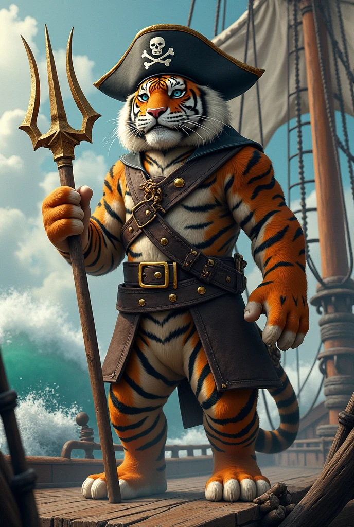 A tiger with a pirate eye patch and a pirate hat and a trident on a ship