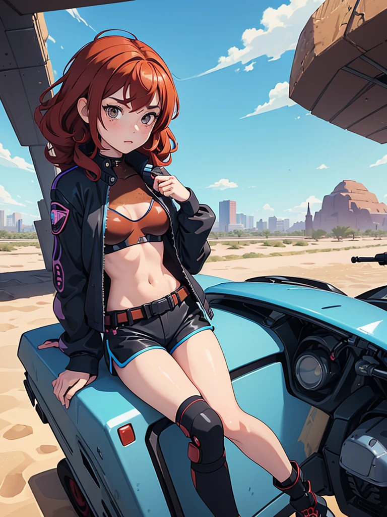 (masterpiece), (best quality), ((one girl)),alone, red hair,((brown eyes)),curly hair, anime style, freckles, (mall breast, (petite figure), blue and black cyberpunk jacket, shorts, legs, ((desert background))