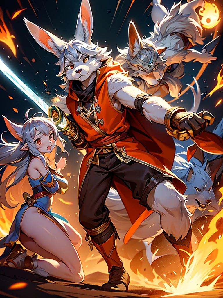 (Mucha style:0.8) , Shallow focus , furry , Adventure fantasy , battle scene , (the magician old silver wolf) , (with the droopy-eared swordsman orange rabbit girl) , The Swordsman supports the Magician while he is casting a spell , Magic Square
