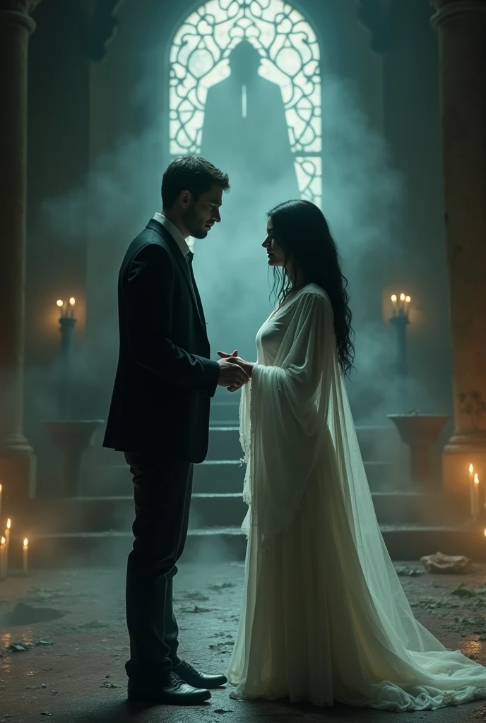 Man marrying the ghost of "La Llorona", looking straight ahead