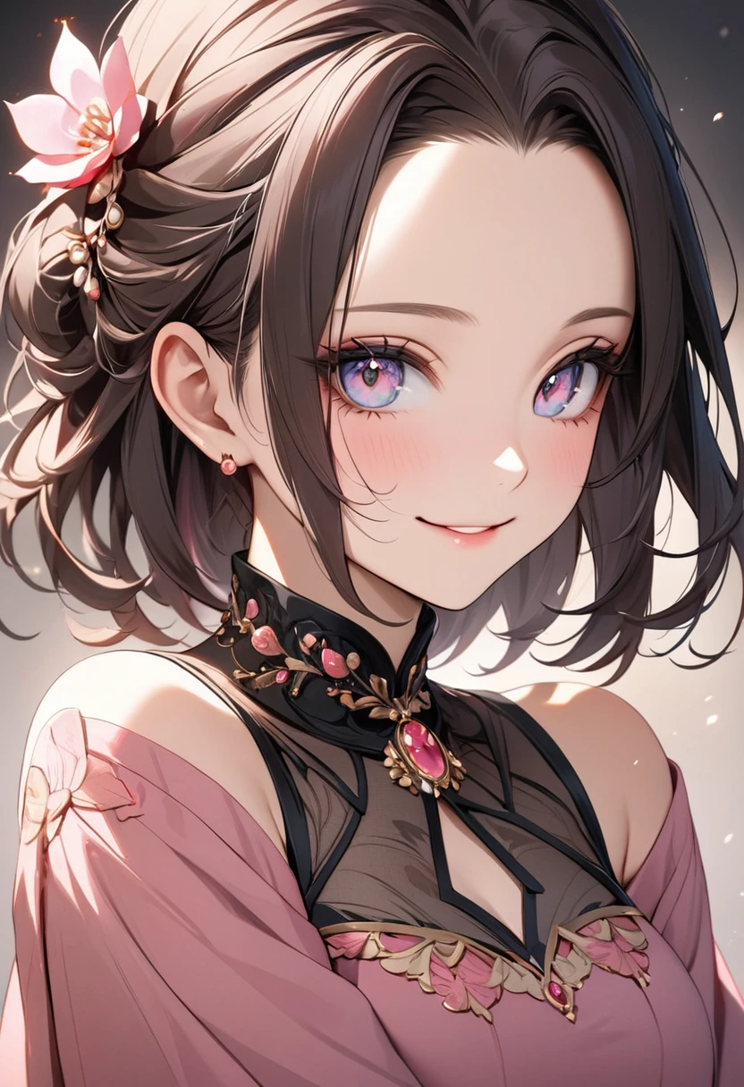 8K,high res,Skin details, Beautiful facial features, Exquisite makeup, Exquisite eyes, Eye detail,smile,forehead,dark hair,dusty-pink tops
