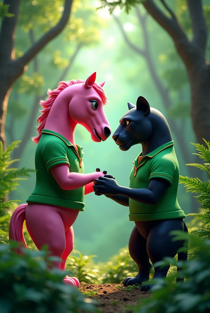 A strong pink horse with a green shirt and a strong black panther with a green shirt they are shaking hands in a forest