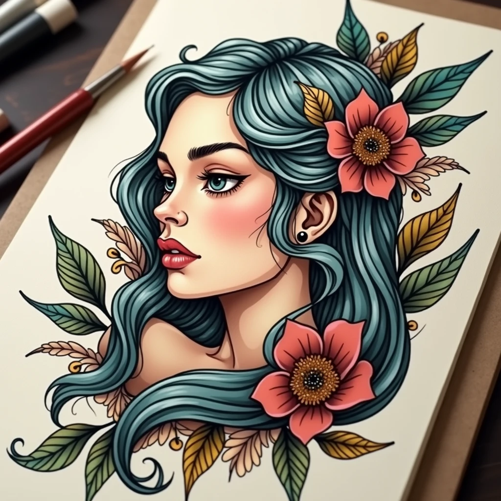 Classic Female Face: The head would be inspired by Michelangelo's sculptures and paintings, with soft, classic features, clearly feminine. The face would have features reminiscent of the Renaissance style, like a well-defined nose, soft lips and expressive eyes. The style would be elegant, but without exaggerating the details.
Art Nouveau Style Flowing Hair: The hair would be designed with soft waves and curves typical of Art Nouveau., flowing around the face in a natural way. The wires would not be densely detailed, but would maintain a sense of movement and lightness, with few lines and subtle shading.
Minimalist Ornamental Elements: around the head, small ornaments can be added to give an Art Nouveau touch, like a light floral outline or organic details that complement the face without overwhelming the design.
Symmetry and Simplicity: The tattoo would maintain a balanced composition, with a slight symmetry in the lines of the face and hair. The focus would be on the elegance of the female form, without many extra details, highlighting the natural beauty of women, in a subtle homage to Michelangelo's classical style.
Color Palette and Style Delicate Colors: Soft and Harmonious Colors, like pastel tones, golden and soft shading gradients, maintaining the lightness and fluidity of the Art Nouveau style, without losing the clarity of the strong lines of neo traditional.