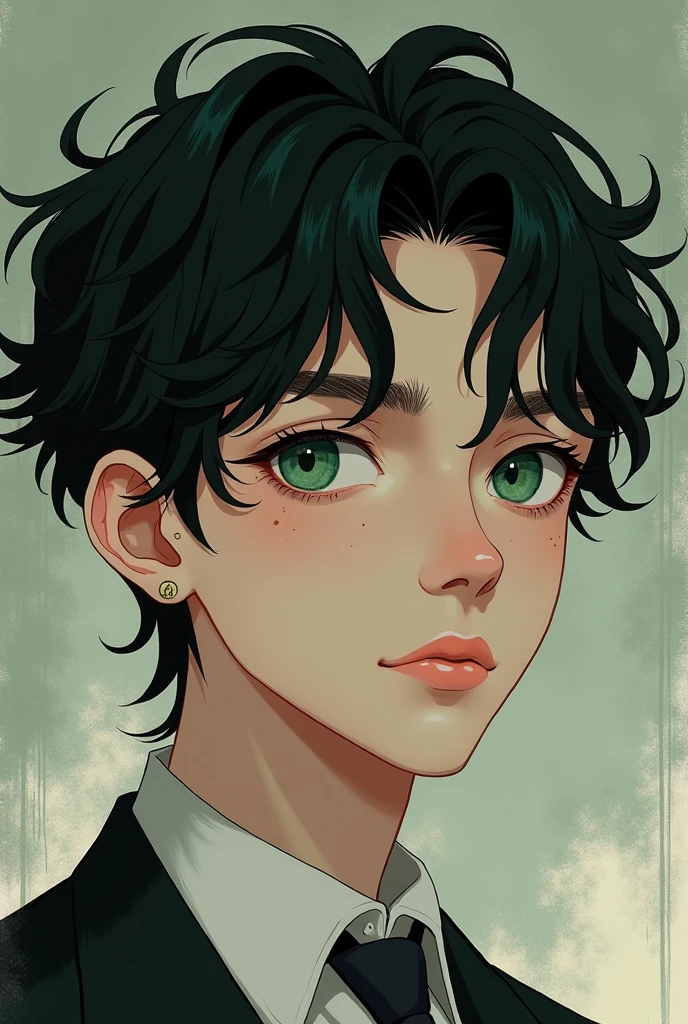 generate an image of an effeminate man with black hair, green eyes and freckles at the time of "Anne with an E" and with anime style