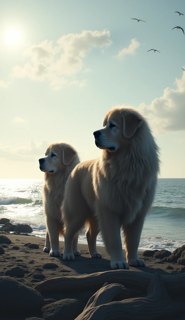 Two big dogs in the background by the sea.