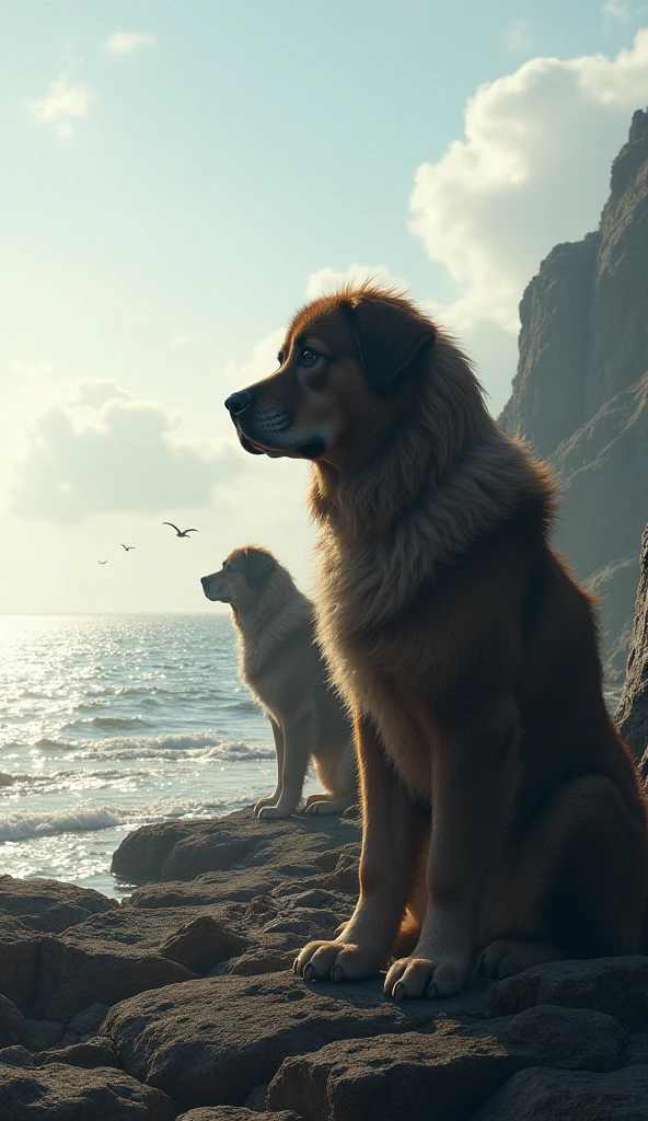 Two big dogs in the background by the sea.