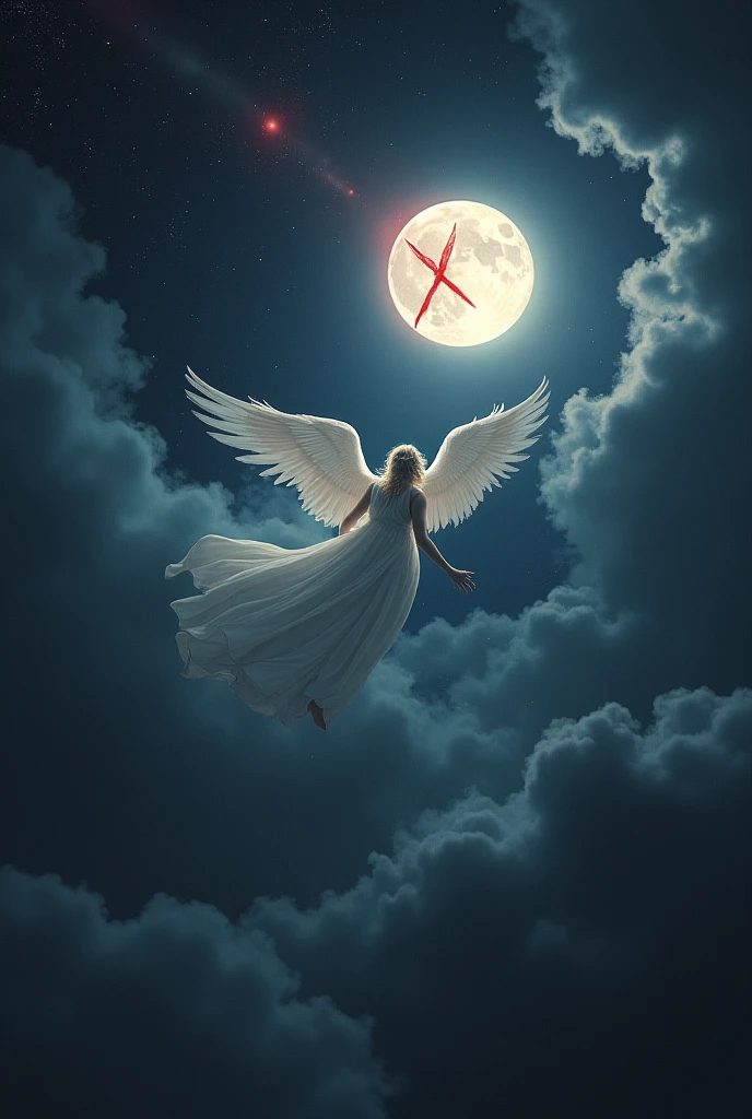 Make a dark night of full moon, an angel in heaven running after a red X in the sky