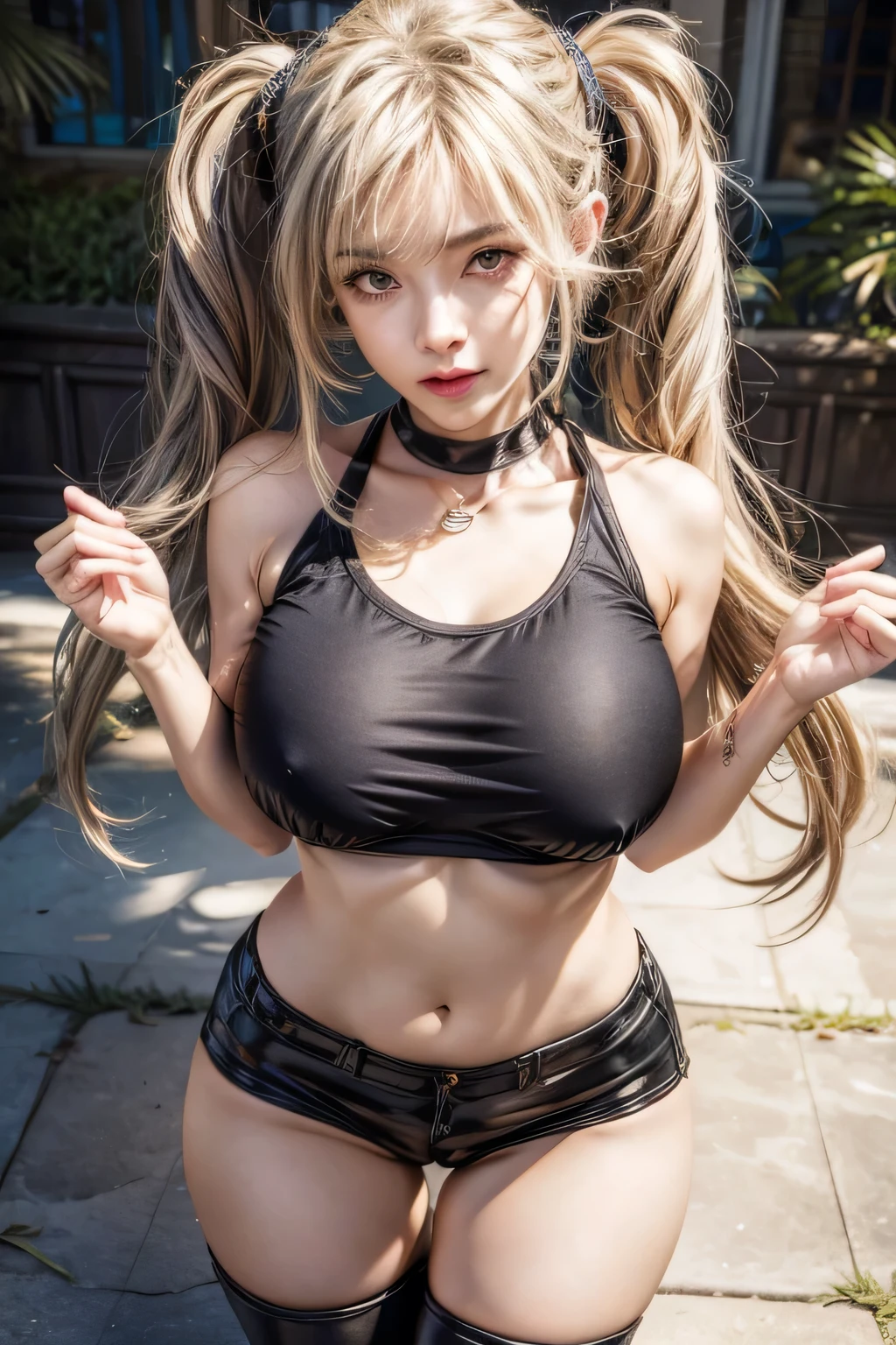 realistic, 1girls, Yor Forger, best quality, 12k, HD, long hair, big round , cleavagail, necklace, jewelry, shorts, slim hips, hair band, black eyes, black hair, super detailed, Eye details , hair details, person details, mouth details, face details, breast details,es details, hair details, pants details, hand details, whole body