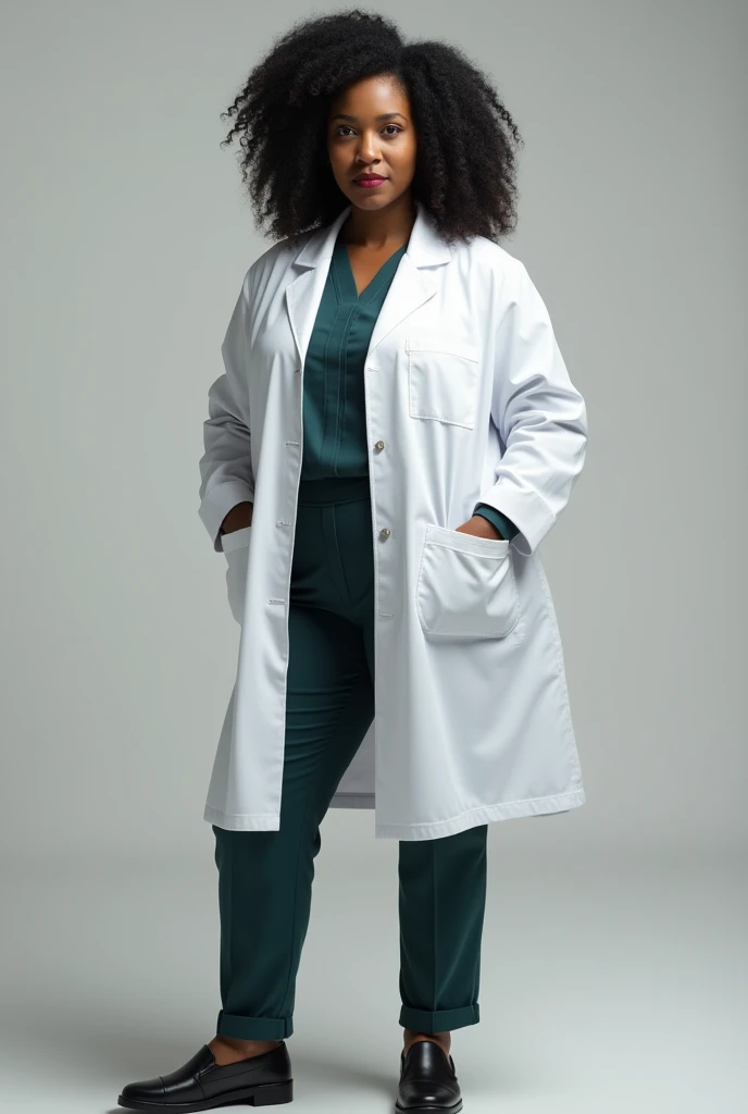 Black woman doctor Florence with curly hair and dark circles full body image