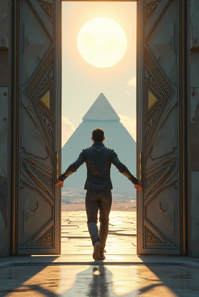 Un homme avec des vêtements futuristes pousse des deux mains des portes futuristes et décoré avec des motifs géométriques et face à lui une pyramide et au dessus le soleil.