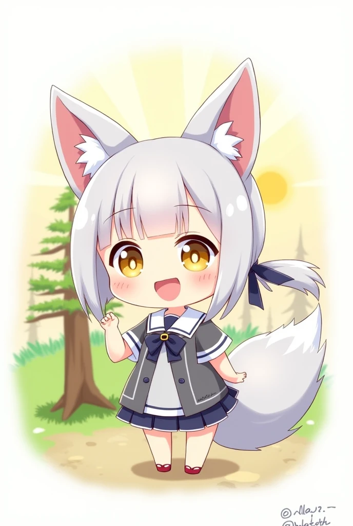 highres, , a fox, nenodroid, glad, laughing, standing, looking at viewer, ponytail, blunt cut, silver hair, golden eyes, big eyes, eyes open, fair skin, chibi, slim, mini skirt, school uniform, sailor uniform, ribbon, with fox ears silver, , japanese, white background, in the forest, with a sun, with a tree, kawaii, chibi anime, soft-edged, full body shot, from front, sunrise