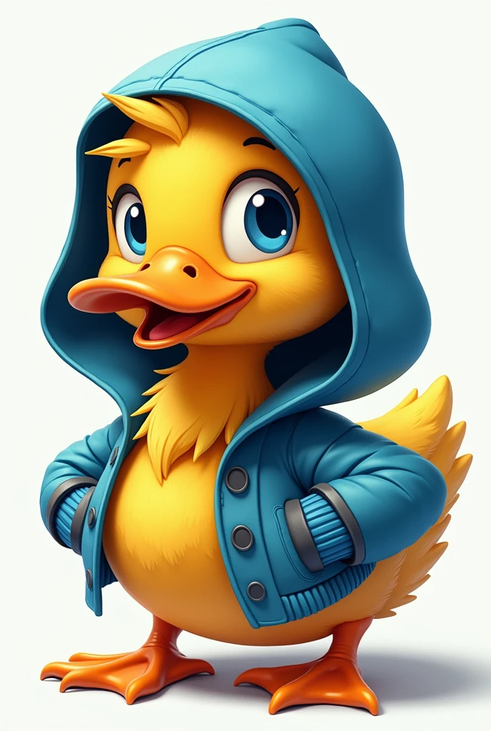 the duck has bright yellow plumage., but instead of its usual plumage, He is wearing a blue hooded jacket that suits him very well... The hood covers your head and neck., giving it a very cool and modern look. the duck&#39;eyes shine with curiosity, and their wings are ready to unfold at any moment.