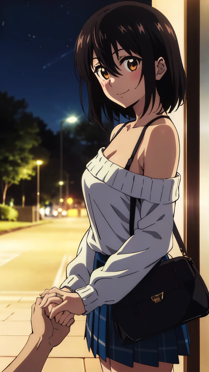 (highest quality, 8k, High resolution, masterpiece:1.2), Anime art style, Hyper Detail, himeragi yukina, Brown eye, Black Hair, Hair between the eyes, Medium Hair, 1 girl, Perfect Face, eye_Light_big,Small medium breast, Soft impression, alone, (long sleeve off-shoulder light yellow sweater, black halterneck camisole, (hand bag, shoulder strap), black pleated mini skirt, Night, park, illuminations, smiling, blushing, holding hands, one hand, pov hands, from side), Cowboy Shot, looking at viewer,