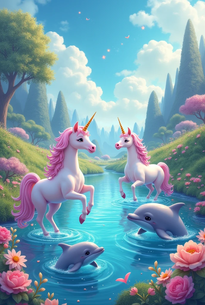 Make a fantasy world with lots of unicorns and dolphins and lots of cuteness