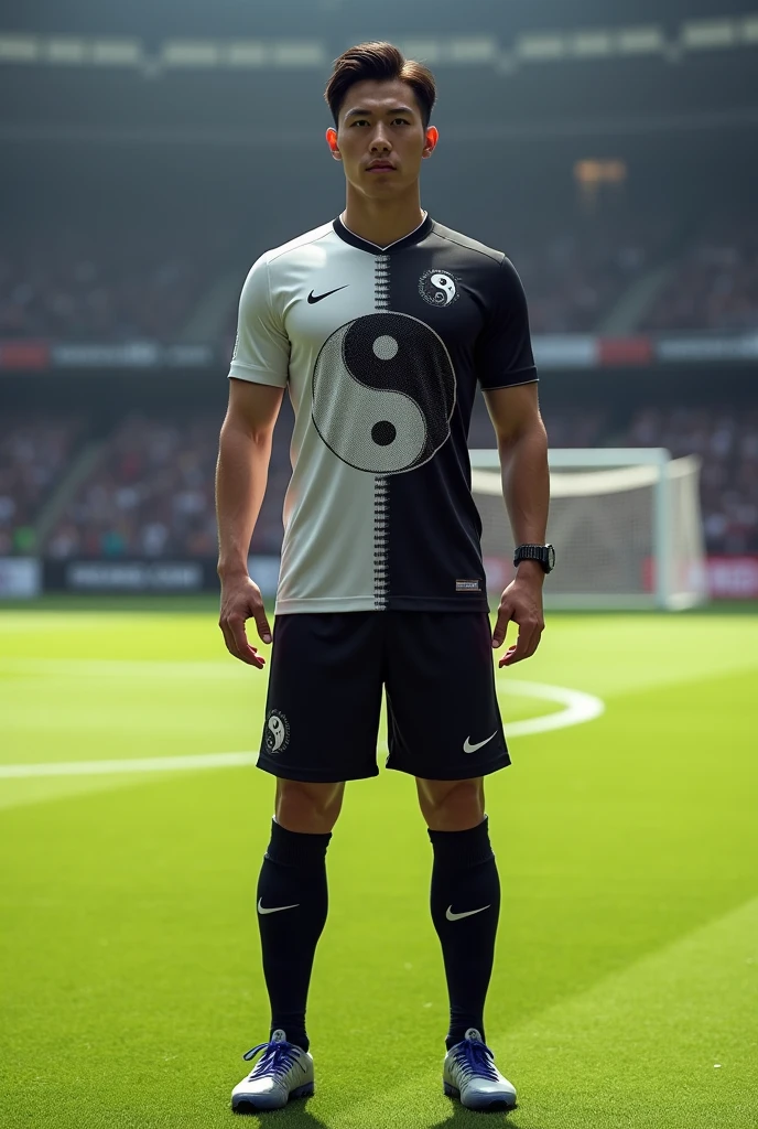 Create a football shirt and shorts inspired by the yin yang symbol